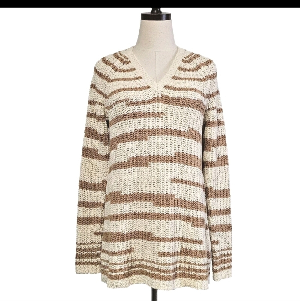 J Jill Women's Small Tall Chunky Knit Ivory Brown  Stripe Long Sleeve Sweater